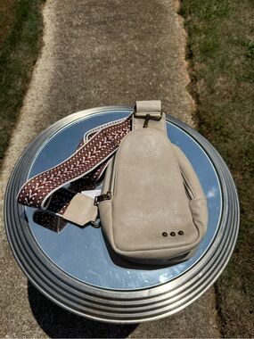 Neutral Cream Crossbody Sling Bag with Patterned Strap